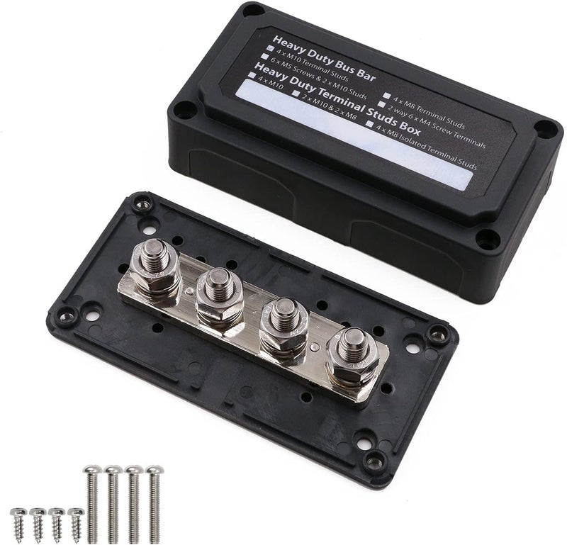 T Tocas 300A Bus Bar Box with Cover(Black) 4X 3/8" (M10) Studs 300 Amp 12V - 48V DC Power Distribution Block Busbar - Image 1